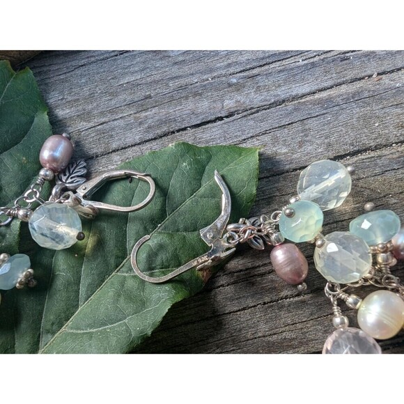 Vintage Sterling Rose Quartz Pearl Earrings, Silver Gemstone Dangle Earrings - Picture 5 of 10